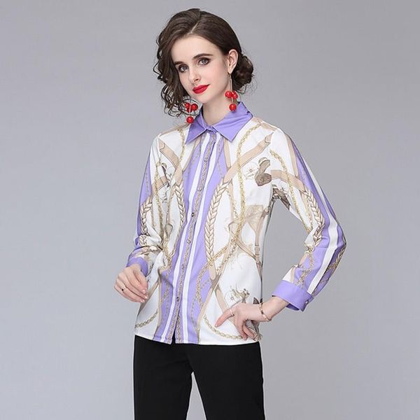 

women's blouses & shirts 2021 spring temperament women chain print blouse fashion long sleeve turn down collar elegant shirt top, White