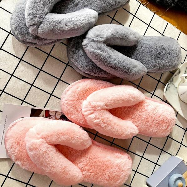 

slippers flip flops women winter home fluffy plush slipper warm cotton indoor floor non-slip soft comfortable sweat flat shoes, Black