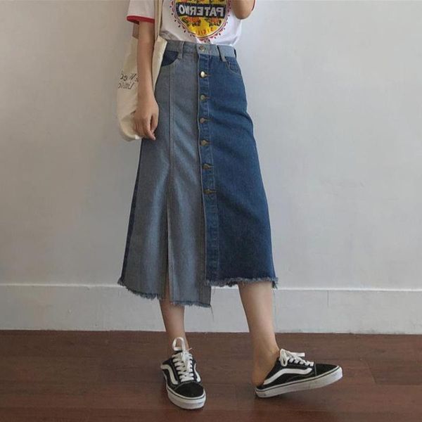 

skirts women plus size 5xl split denim patchwork vintage elegant faldas moda slim summer streetwear distressed, Black