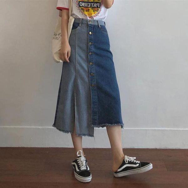 Röcke Frauen Plus Größe 5xl Split Denim Patchwork Vintage Elegante Faldas Moda Schlank Sommer Streetwear Distressed