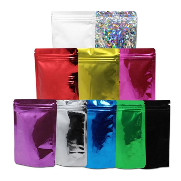 

100pcs/lot colorful glossy aluminum foil package bag stand up tear notch self seal storage cereals nuts bean gift wrap