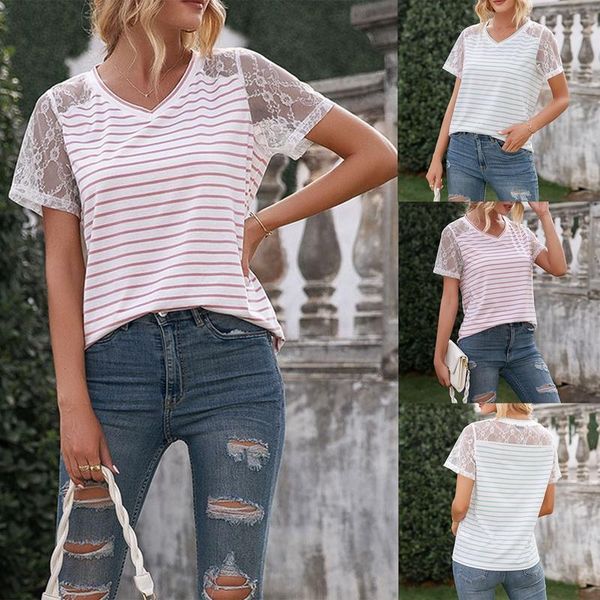 

women's t-shirt stripe stitching lace simple loose short sleeve top, White