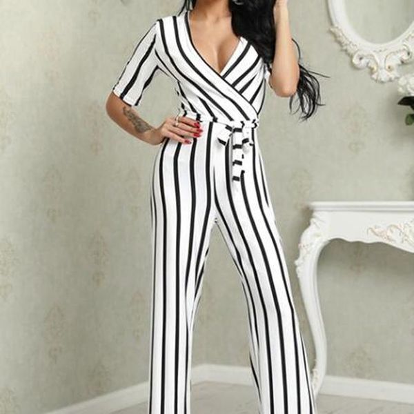 

jewelry pouches, bags women's summer fashion casual deep v-neck slim thin striped jumpsuit, Pink;blue