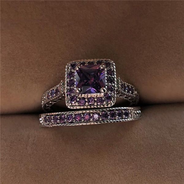 

wedding rings cute female purple geometric ring set with crystal zircon 925 silver for women fashion bridal engagement, Slivery;golden