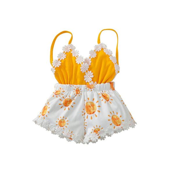 

jumpsuits toddler infant girls sweet cute romper,born baby girl sleeveless sun print v-neck playsuit with decorative flower,0-4years, Blue