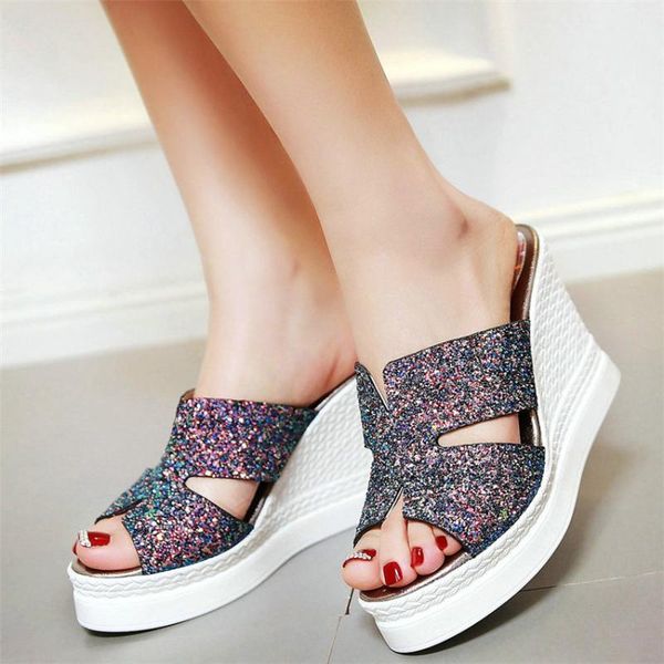 

punk goth slippers women shiny glitter super high heel gladiator sandals open toe platform wedges party pumps casual shoes, Black