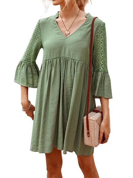 

casual dresses lace flare pleated three quarter sleeve v neck vintage loose fashion dress for ladies, Black;gray