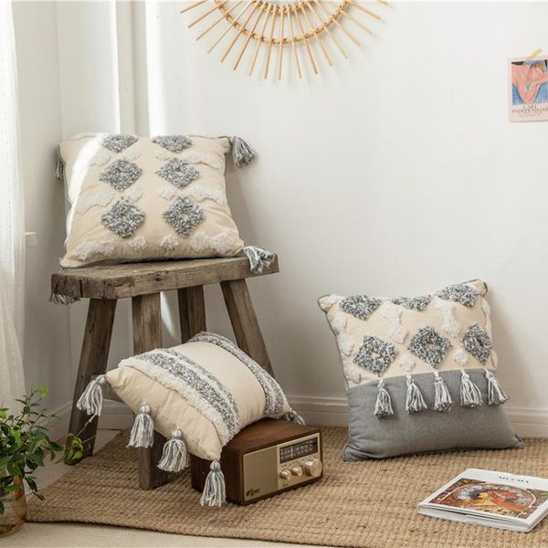 

moroccan style cushion cover tuft tassels handmade neutral decoration pillow for sofa bed grey ivory diamond stripe zm713 cushion/decorative