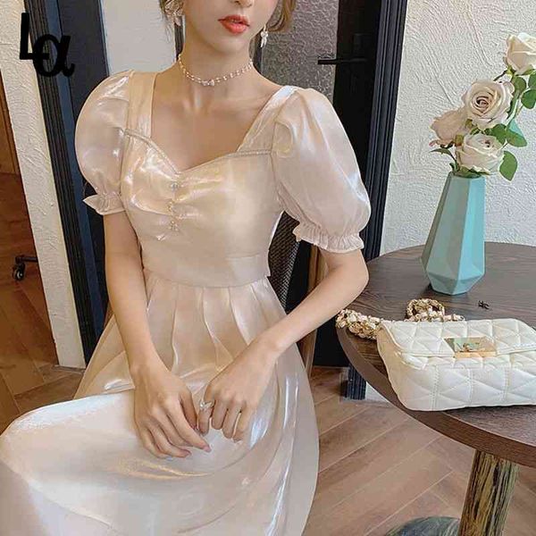 

short sleeve elegant dress women square collar chiffon vingate evening party korean style summer fairy 210519, Black;gray