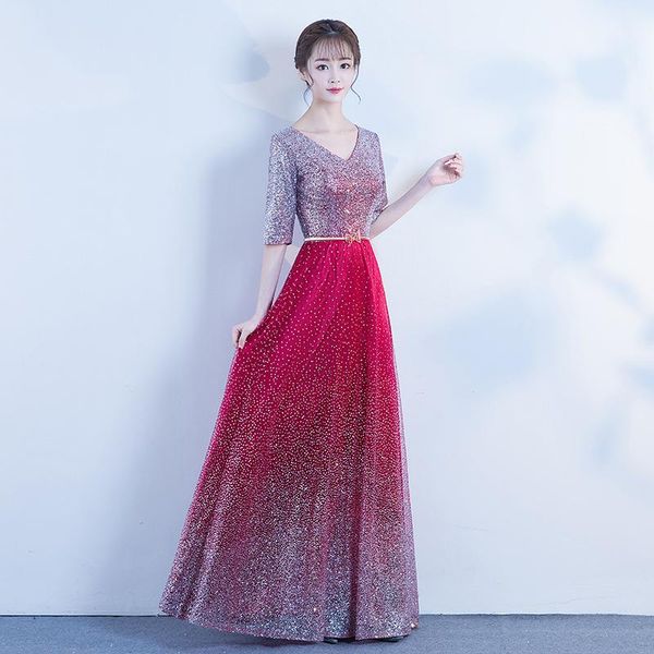 

ethnic clothing chinese style evening party dress women qipao v-neck sequins formal cheongsam bling chorus performance, Red