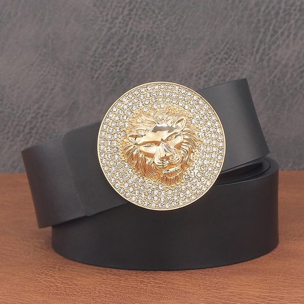 

belts round buekle lion besigner belt men golden slide buckle genuine leather fashion casual black waistband, Black;brown