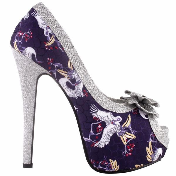 

glam silver butterfly print bow platform club evening pump dress shoes, Black