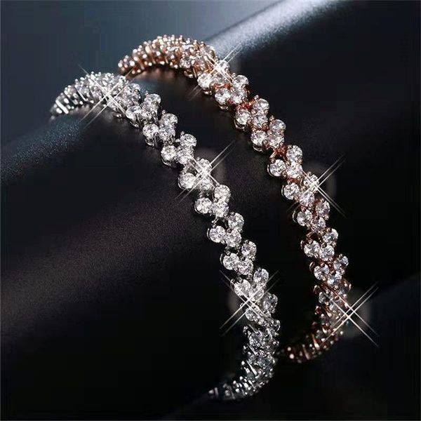 

classic female white crystal bracelet rose gold silver color chain bracelets for women dainty round zircon wedding charm, Golden;silver