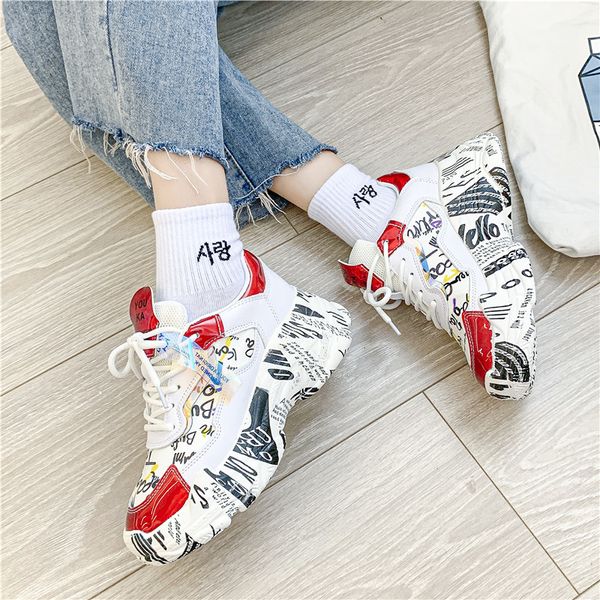 

platform casual shoes female lace up chunky sneakers women shoes woman graffiti vulcanized shoes leather loafers ladies flats a3, Black