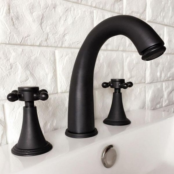 

bathroom sink faucets black oil rubbed brass widespread dual handle washing basin mixer taps deck mounted 3 holes lavatory faucet ahg058