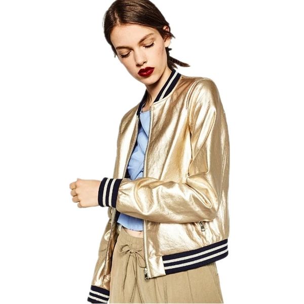 Primavera Cool Fashion Oro PU Giacca in pelle Bomber femminile Cappotto Colletto alla coreana Patchwork a righe Argento Giacche da donna Streetwear 210914