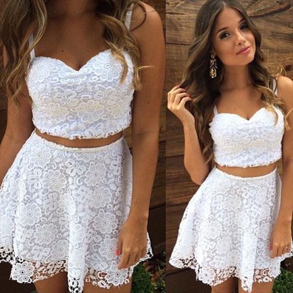 

brand clothing white black women tracksuits v neck strap lace 2 piece dress set party elegant and skirt, Gray