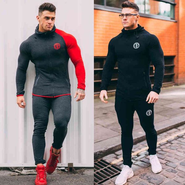 

men's tracksuits tracksuit two-piece hoodies sweatpants set muscle fitness clothes long-sleeved tights running training jogger sui, Gray