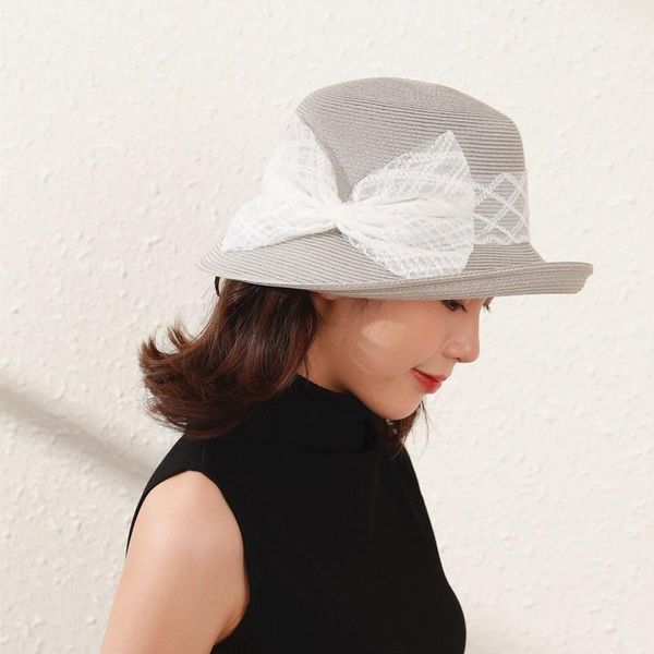 

grade hand made women straw hat with bowknot lady summer fashion cloche fedora hats asymmetric sun stingy brim, Blue;gray