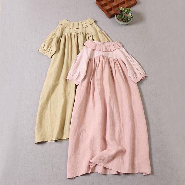 

casual dresses female collar embroidery linen dress midi short sleeve, Black;gray