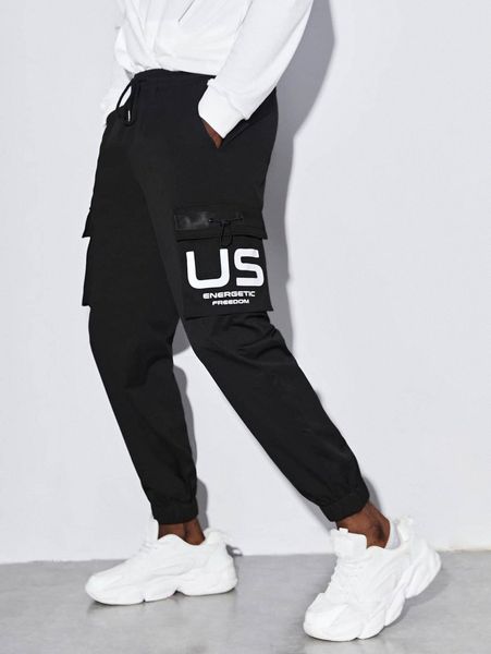

men letter graphic flap pocket cargo pants 71gy#, Black