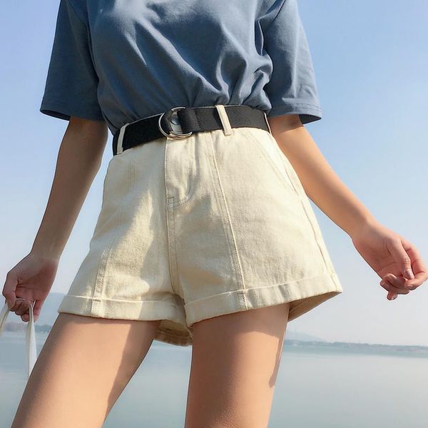 

women's jeans casual high waisted denim shorts loose thin cuffs wide leg slim all-match sashes summer ripped women m947, Blue