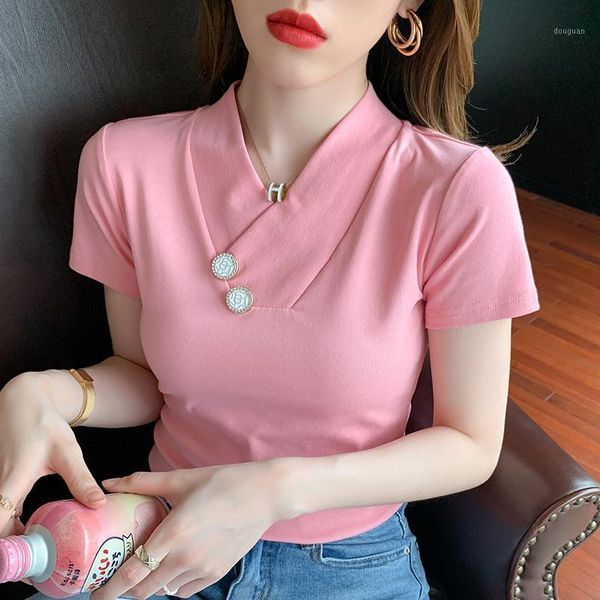 

summer cotton tshirts short sleeve buttons v-neck t-shirt girls solid stretchy streetwear thin tees for women s809 women's, White