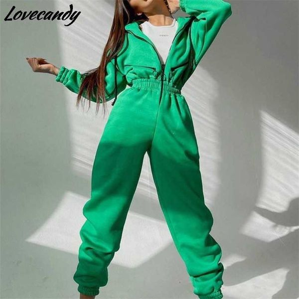 

women casual basic hoodie two piece sets zipper drawstring jacket outerwear and elastic pencil pant suit autumn winter tracksuit 211116, Gray