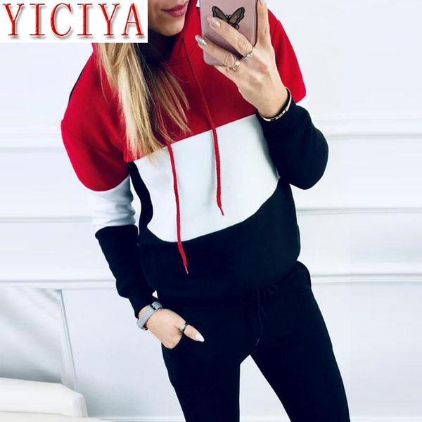 

two piece dress 2021 autumn and winter women's stitching color thick hooded casual sports suit + trousers 2 sets, White