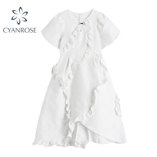

women dress irregular ruffle design short sleeve ruched summer fashion elegant o neck soild white female es 210430, Black;gray