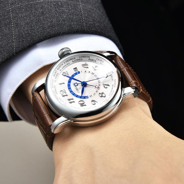 

wristwatches corgeut mechanical watch fashion leather dual time zone gmt automatic men wrist, Slivery;brown