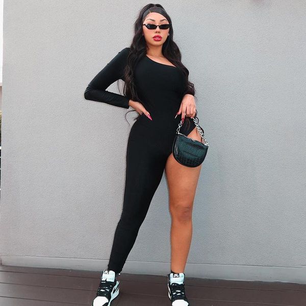 

fashion women clothing 2021 winter long sleeve irregular one leg solid color black jumpsuit ladies party clubwear women's jumpsuits & r, Black;white