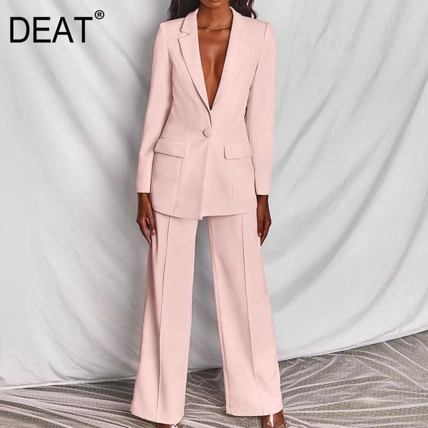 

[deat] spring fashion single button v-neck solid color blazer high waist wide leg pants women two-piece suit 13q280 210527, White