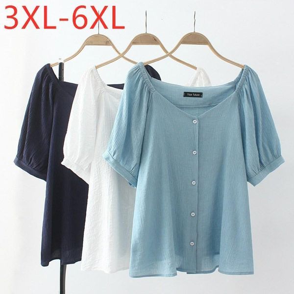 

women's blouses & shirts 2021 ladies summer plus size for women large blouse short sleeve casual cotton button blue v-neck shirt 3xl 4, White