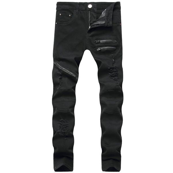 

men's pants men 's denim pencil pants, slim-fit distressed destroyed zipper stretch ripped jeans, long holes trousers, Black