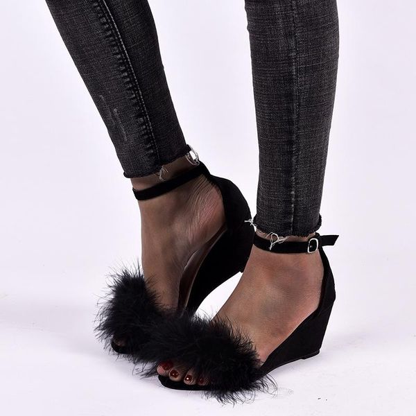 

summer women high heels sandals gladiator black feather wedges open toe ladies shoes buckle strap platform beach roman