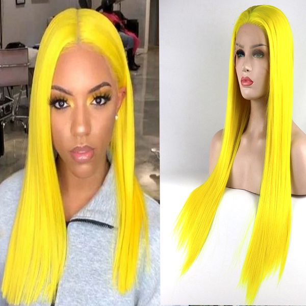 

yellow cosplay transparent lace front wig synthetic long straight for women colorful wig middle part nature hairline baby hair, Black