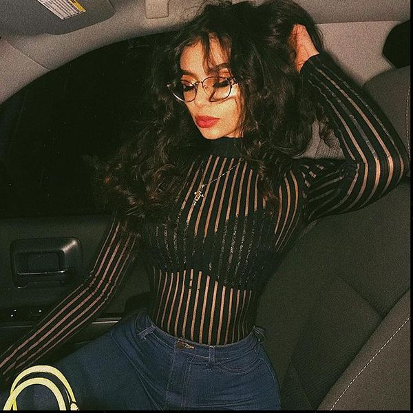 

black striped mesh women rompers transparent bodysuits long sleeves turtleneck bodycon jumpsuit clubwear romper, Black;white