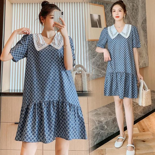 

427# maternity clothes summer arrived short sleeves plaid easy matching loose stylish dress pregnant women mom dresses, White