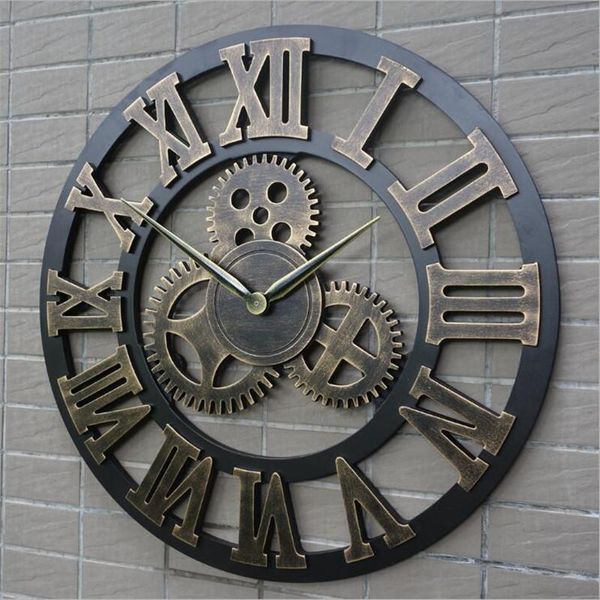 

wall clocks retro industrial wind gear vintage wood clock european style living room large classic golden roman numeral home