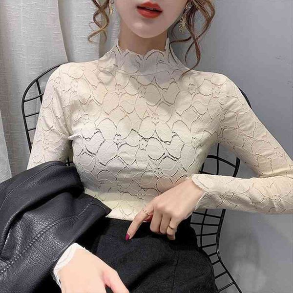 

fashion lace autumn solid women shirt hollow out long sleeve elegant slim bottoming basic ladies, White