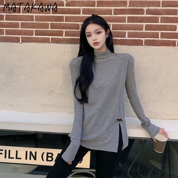 

matakawa half-high neck split long-sleeved woman tshirts autumn and winter women's t-shirt bottoming black slim 210513, White