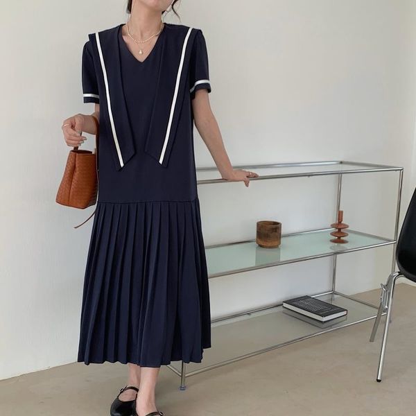

casual dresses 2021 chic lady detachable sailor's lapel cape loose pleated all match summer ol femme long vestidos lv1b, Black;gray