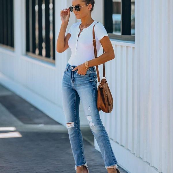 

european and american ripped jeans personality burr straight blue for women's