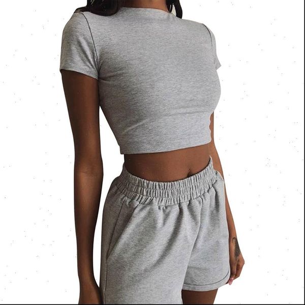 

summer 2 piece women tracksuits set tracksuit short sleeve crop and high waist shorts matching sets plus size, Gray