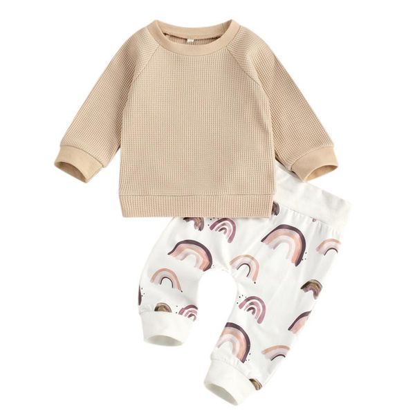 

clothing sets autumn spring toddler kids baby girls clothes tracksuit solid long sleeve rainbow print pants outfits, White