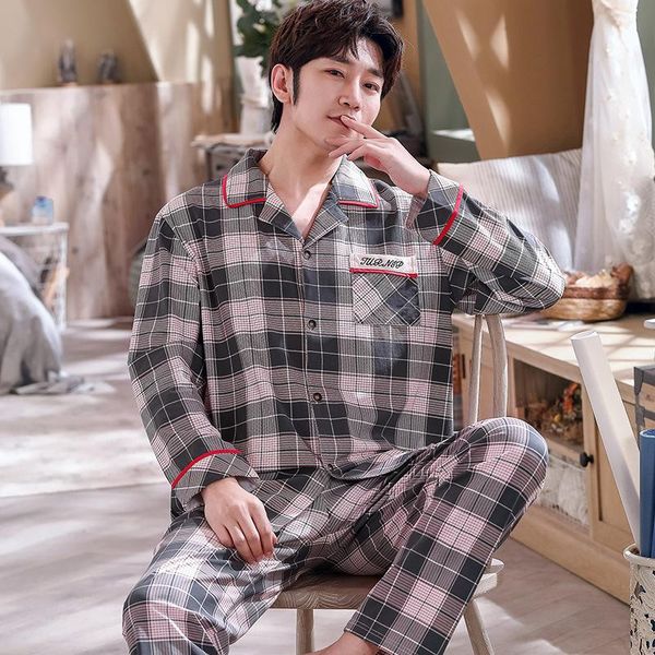 

men's sleepwear british style classic check print men cardigan pajamas set winter knitting cotton long sleeve +pants 2 piece casual hom, Black;brown