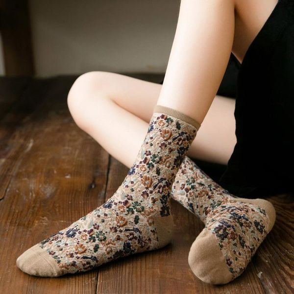 

socks & hosiery retro ethnic flowers style autumn winter cotton women casual comfortable ladies 2021 cute spring girls harajuku crew, Black;white