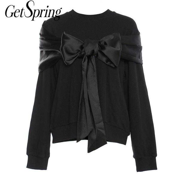 

getspring women hoodies patchwork bow black sweatshirt casual loose bandage hoodie sweatshirts fashion winter 210601