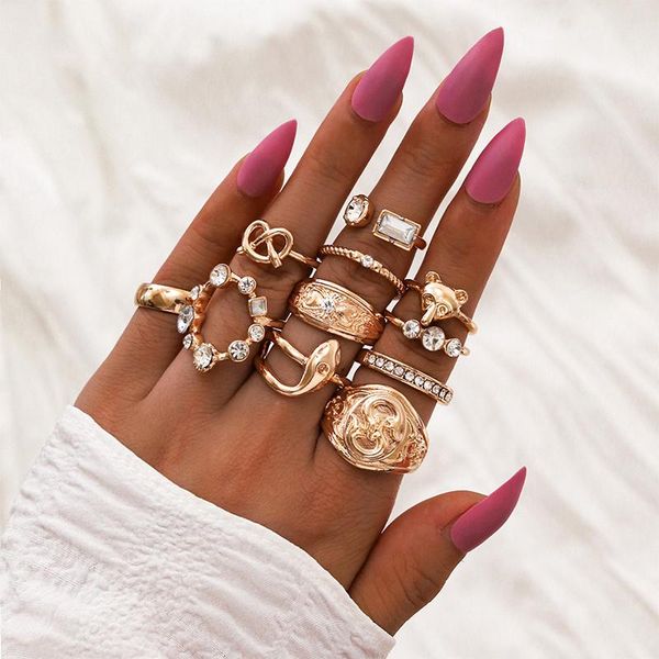 

pcs/set women rings set retro snake bear knot letter geometric crystal knuckle gold ring valentine's day gift jewelry cluster, Golden;silver